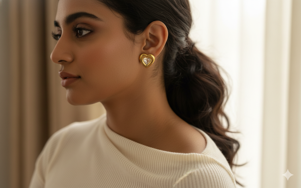 The Crystal Heart Studs (Gold Standard Finish)