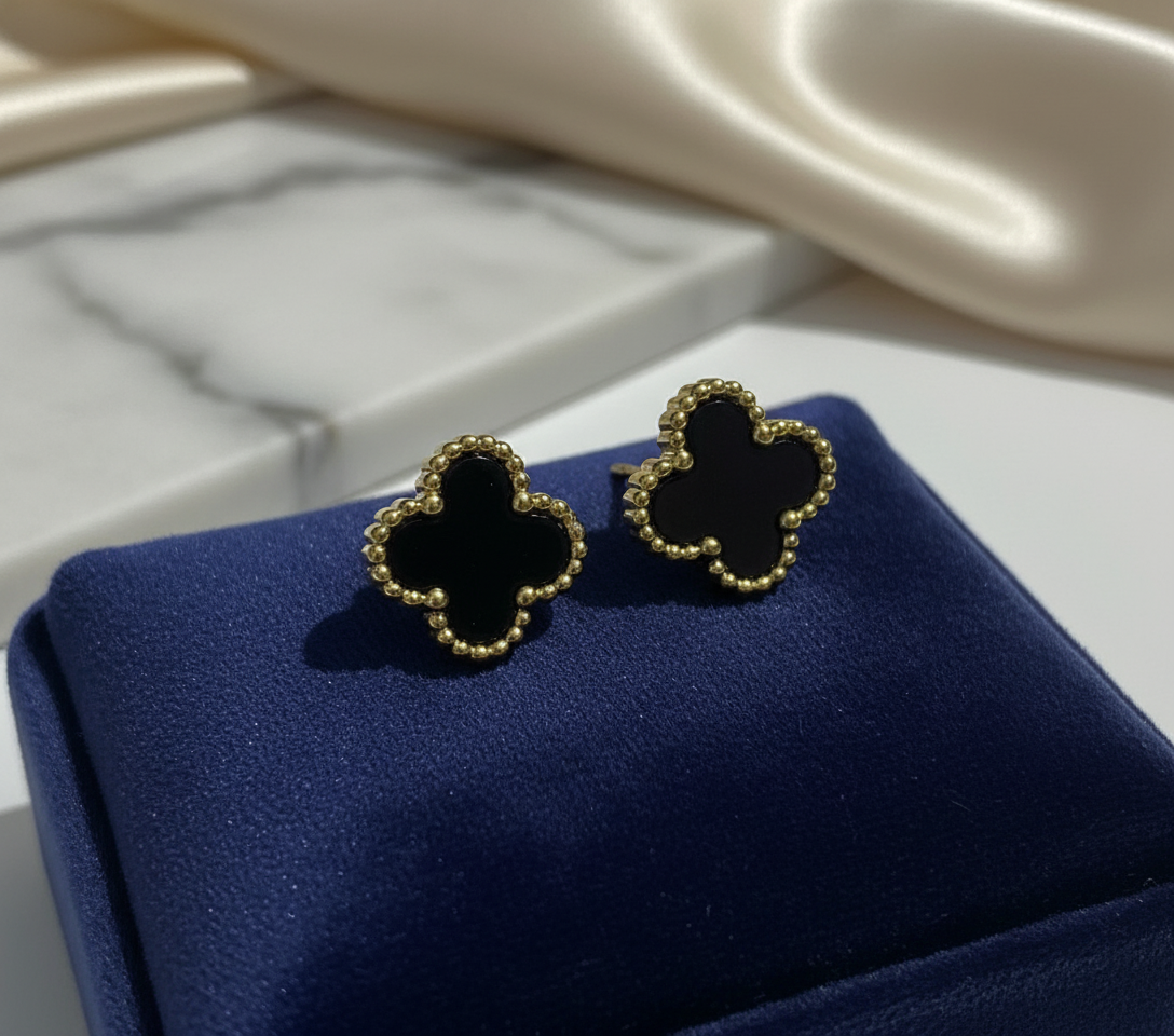 Black Onyx Clover Stud Earrings in Luxurious Setting