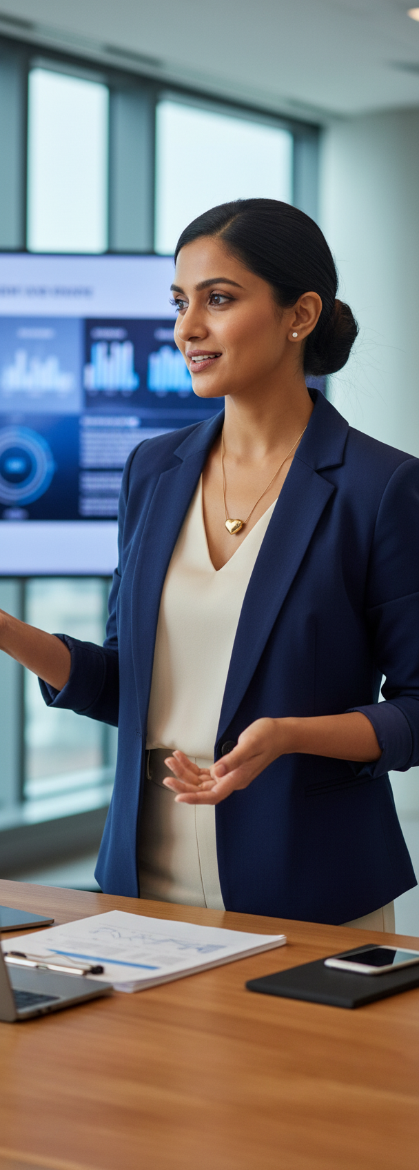 Gold-plated heart necklace worn by Indian woman in professional setting
