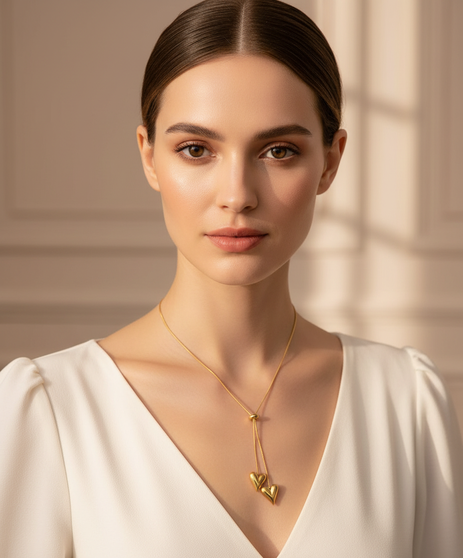 Gold-plated heart necklace worn by woman