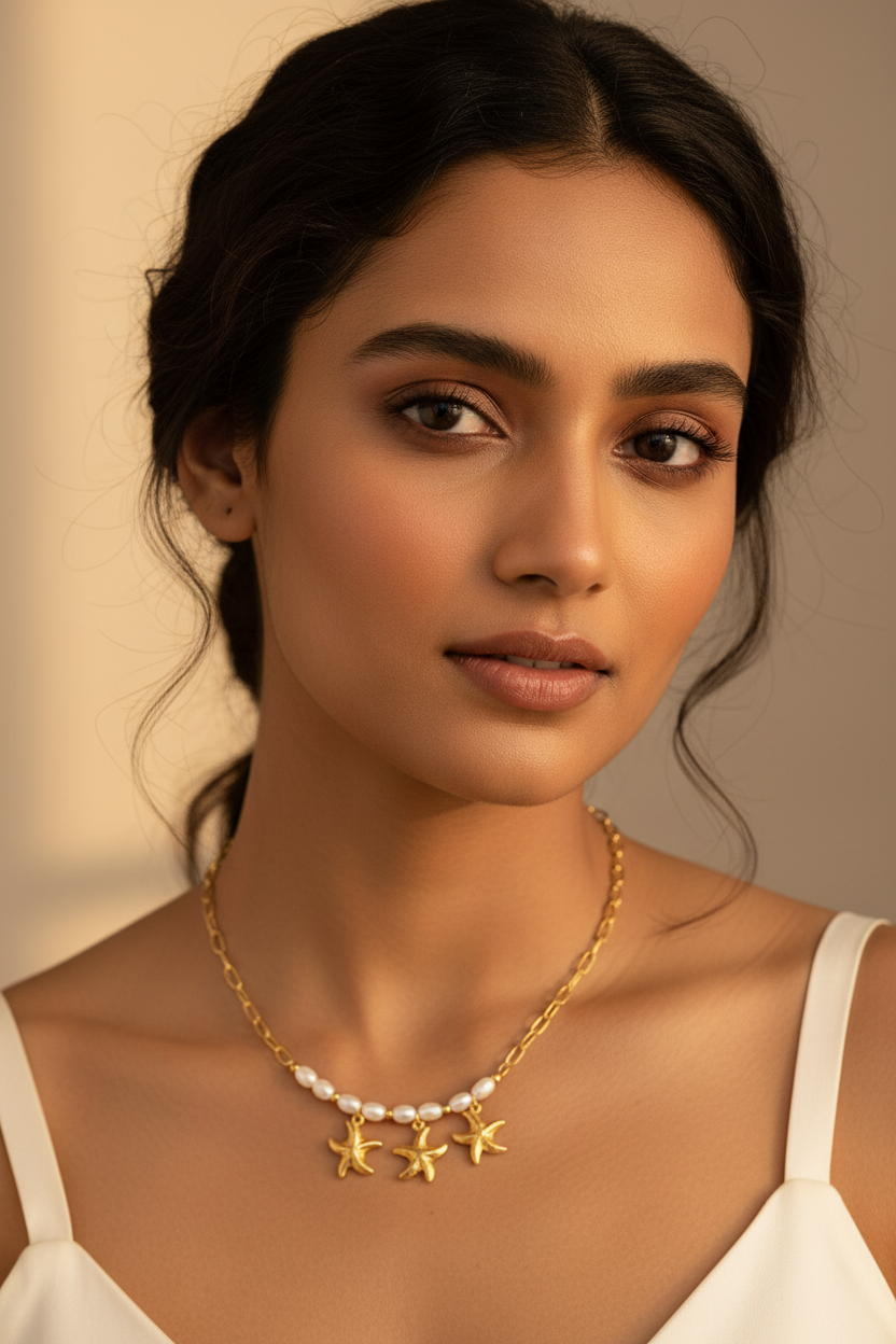 Gold-plated starfish and pearl necklace worn by Indian woman