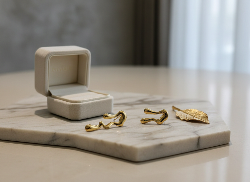 Gold Wavy Earrings in Luxurious Setting