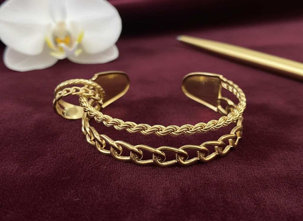 Luxurious gold-plated layered chain cuff bracelet