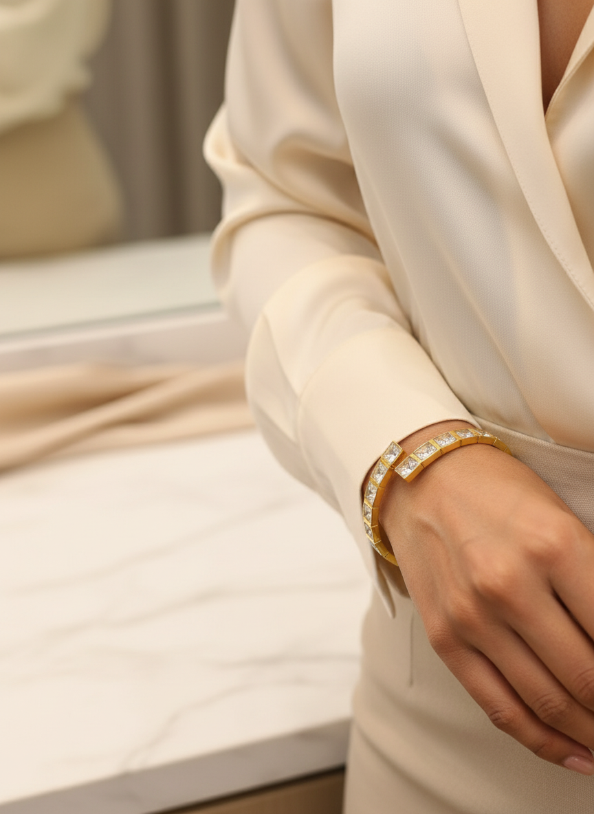 Model wearing crystal bangle bracelet