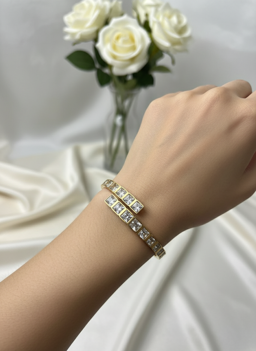 Model wearing crystal bangle bracelet