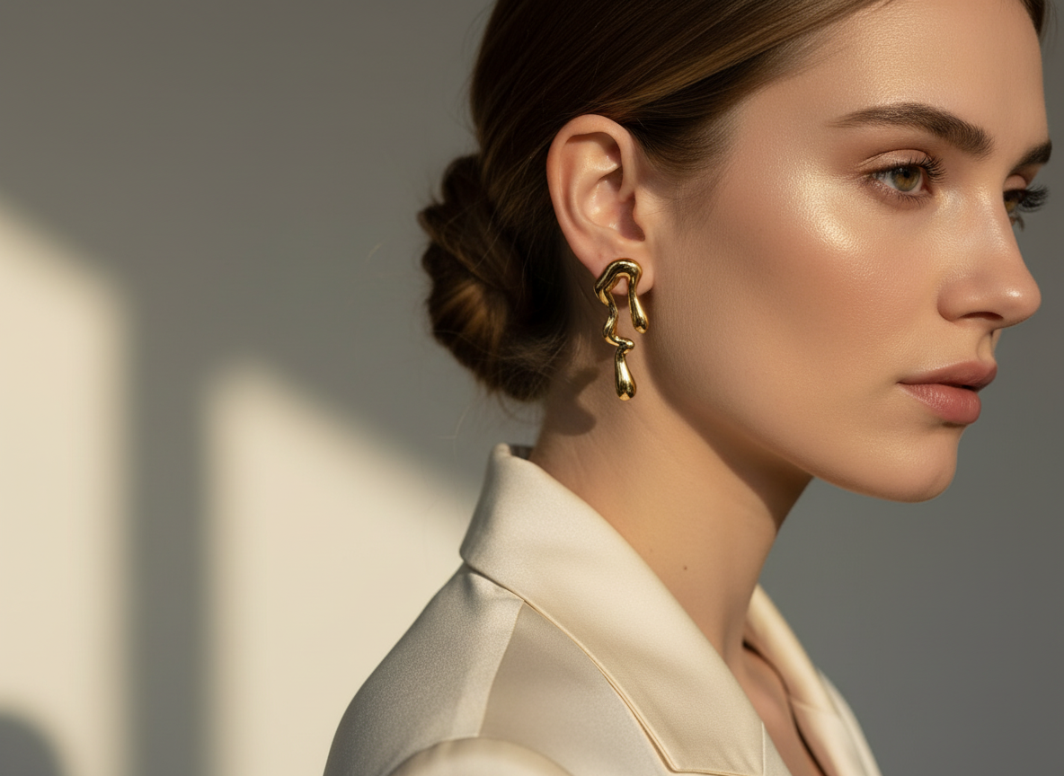 Model Wearing Gold Wavy Earrings