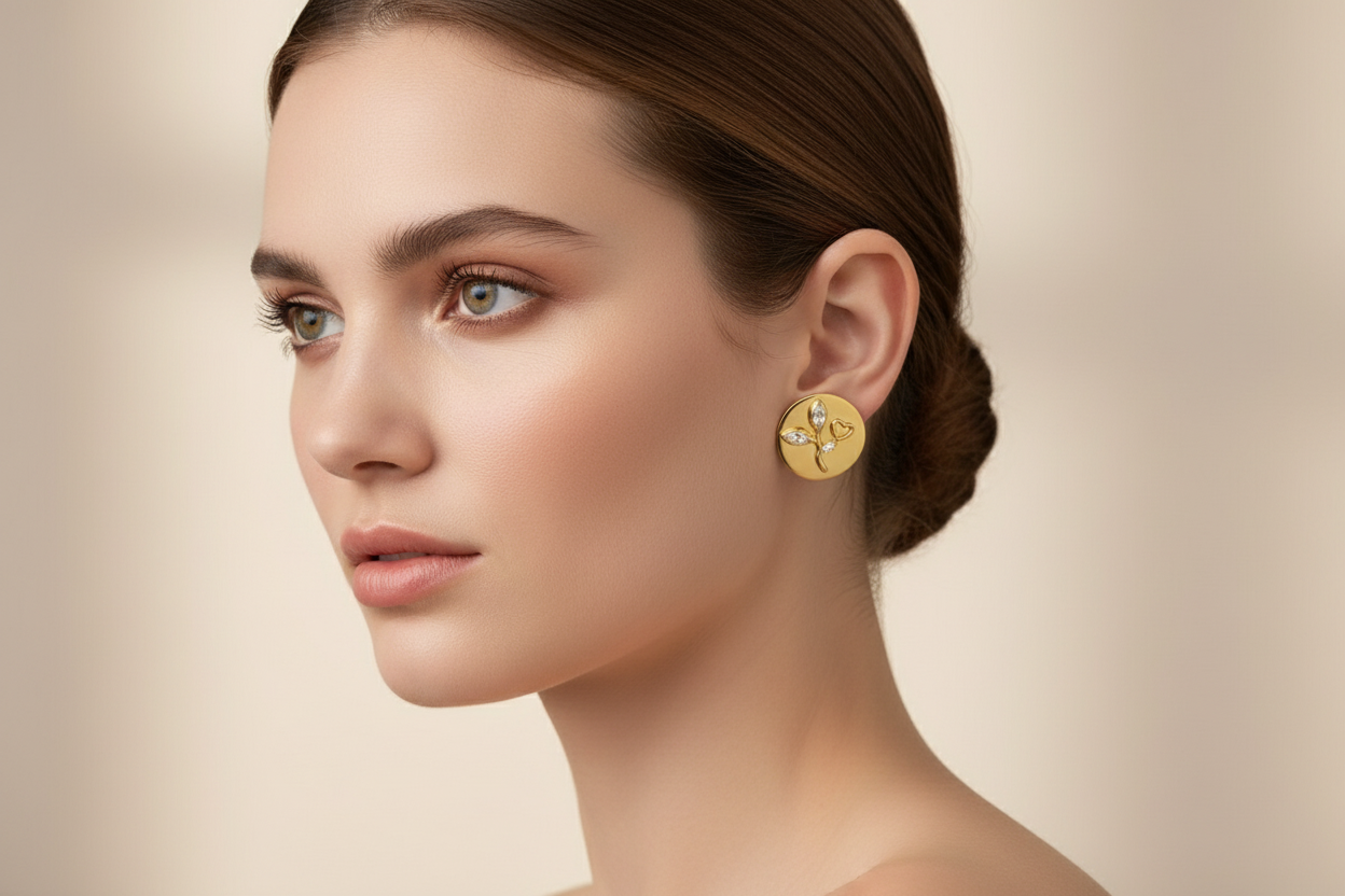 Verdant Heart Drop Earrings - Model wearing botanical studs