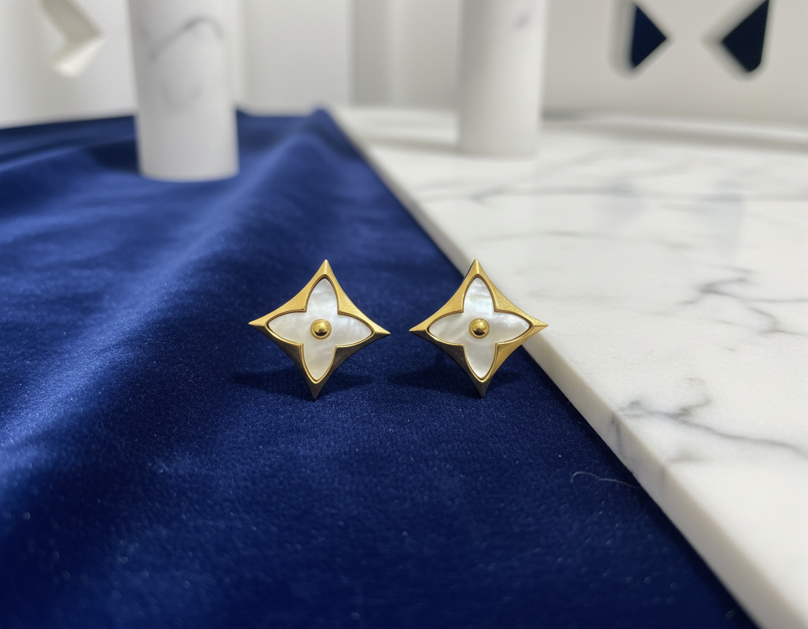 White Mother-of-Pearl Star Stud Earrings in Luxurious Setting